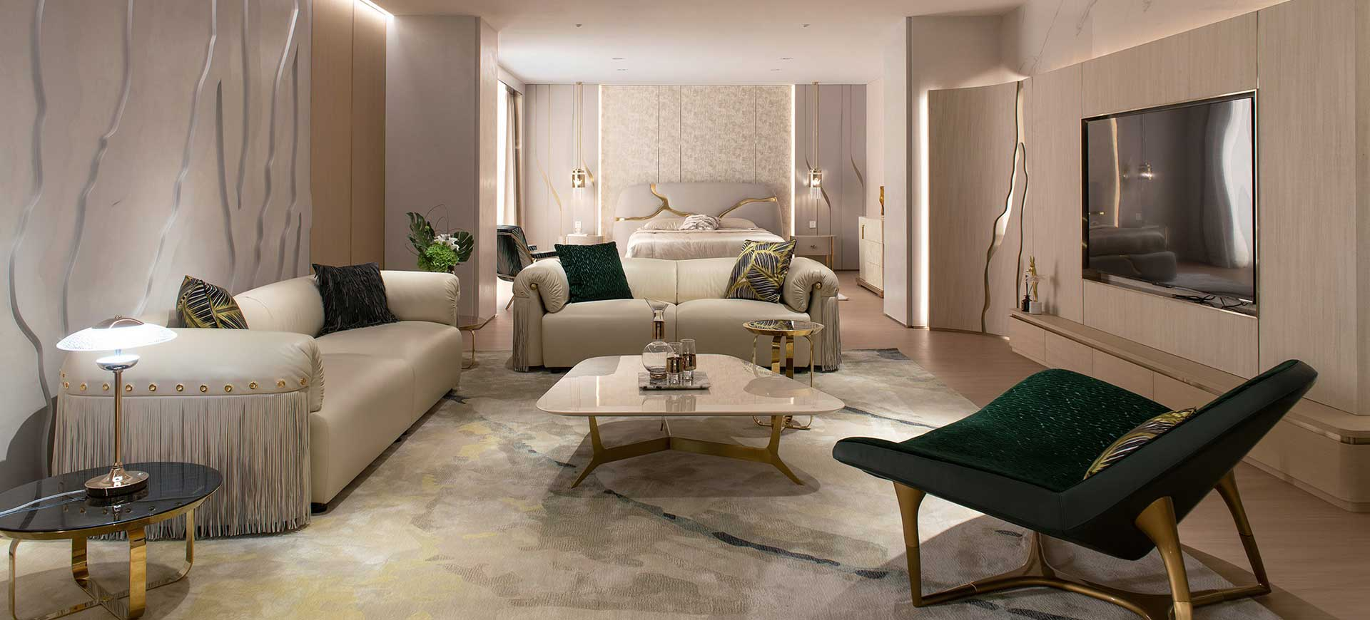 This series furniture embodies bold elegance with its sculptural lines, exotic textures.